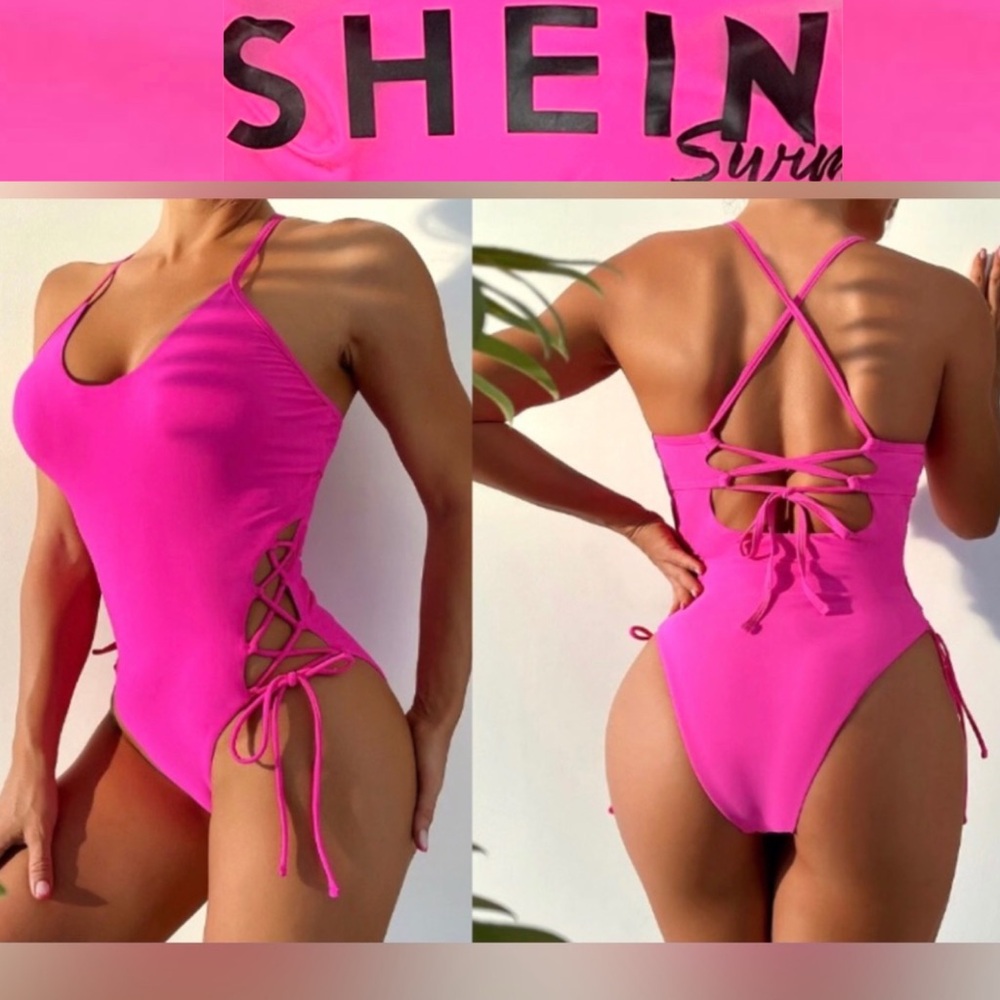 SHEIN Swim Vcay Lace-Up Sides One Piece Swimsuit size L NWT